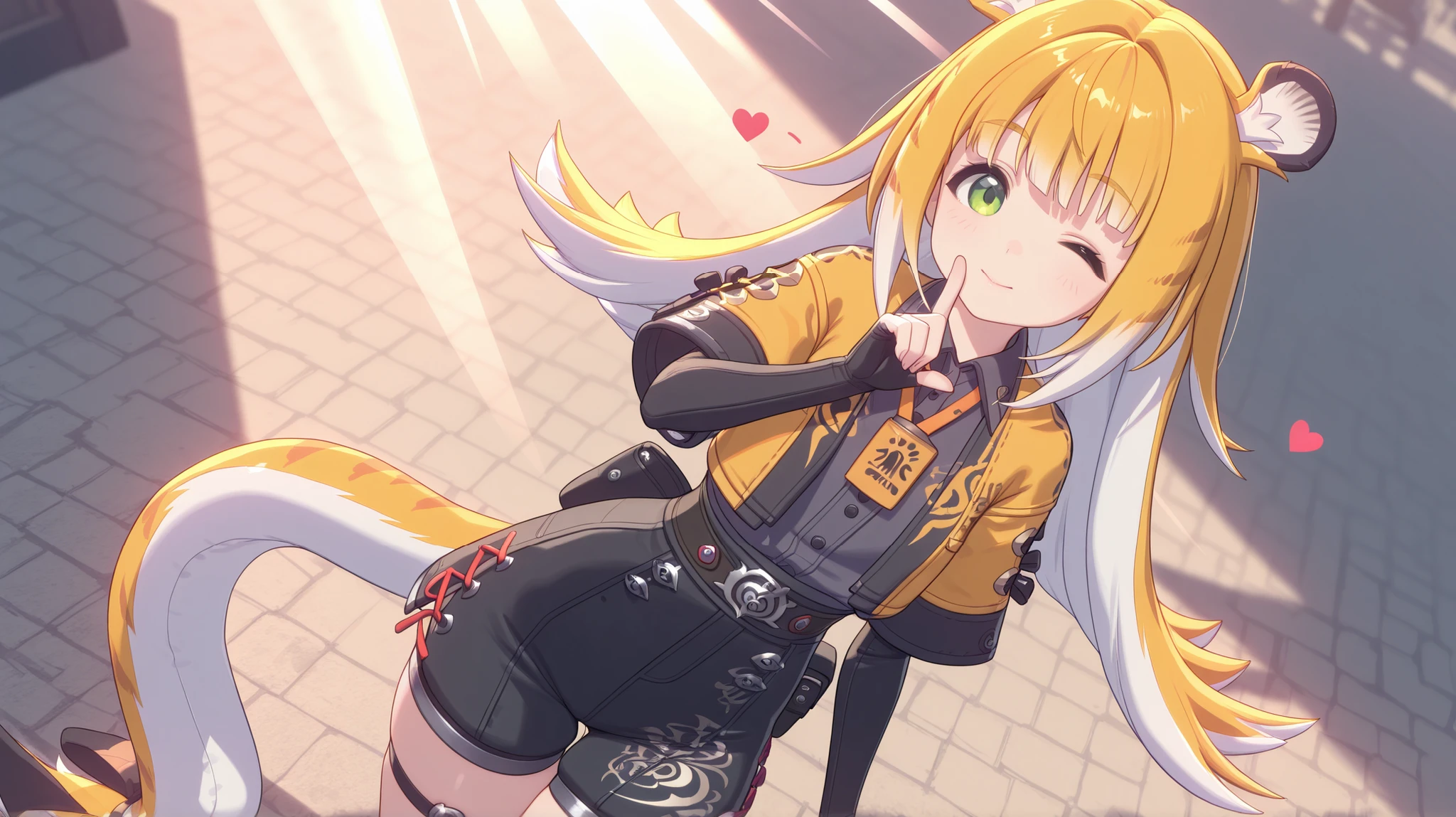 shiny skin, Posing,
JuFuFu,
Shine, Shine, sun beam,
high angle, looks at the viewer,
one eye closed, heart finger ,
