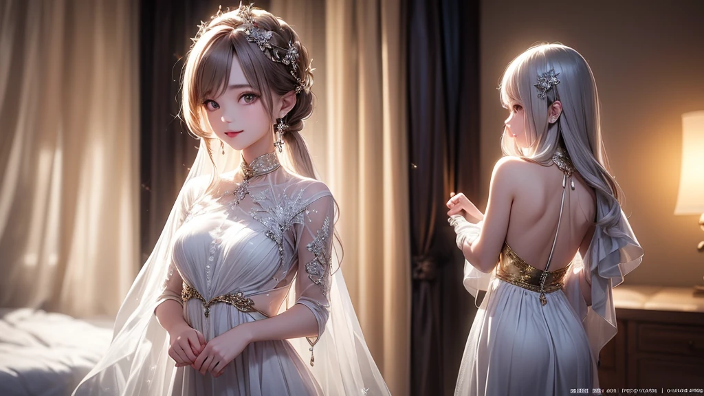 2 位Very漂亮的瑞典16 歲漂亮的女孩、 white blond hair、 (( Sexy and gorgeous transparent underwear and panties with gold rims))、(Colorful transparent underwear and panties) 、Very、 shiny skin、 white skinned、 a smile、 beautiful bangs、 long and straight、 2位絲般美麗的white blond hair女郎、 shiny hair、 Extra long ponytail、 Eyeliner、 a small face、 Extra large firm breasts、 crystal clear ocean blue eyes、 shining with beautiful light、 Earrings, pendants, headwear and bracelets hanging from the ears、beautiful and smart girl、 Taking a top-body photo while cooking in an indoor restaurant、 Looking to the future