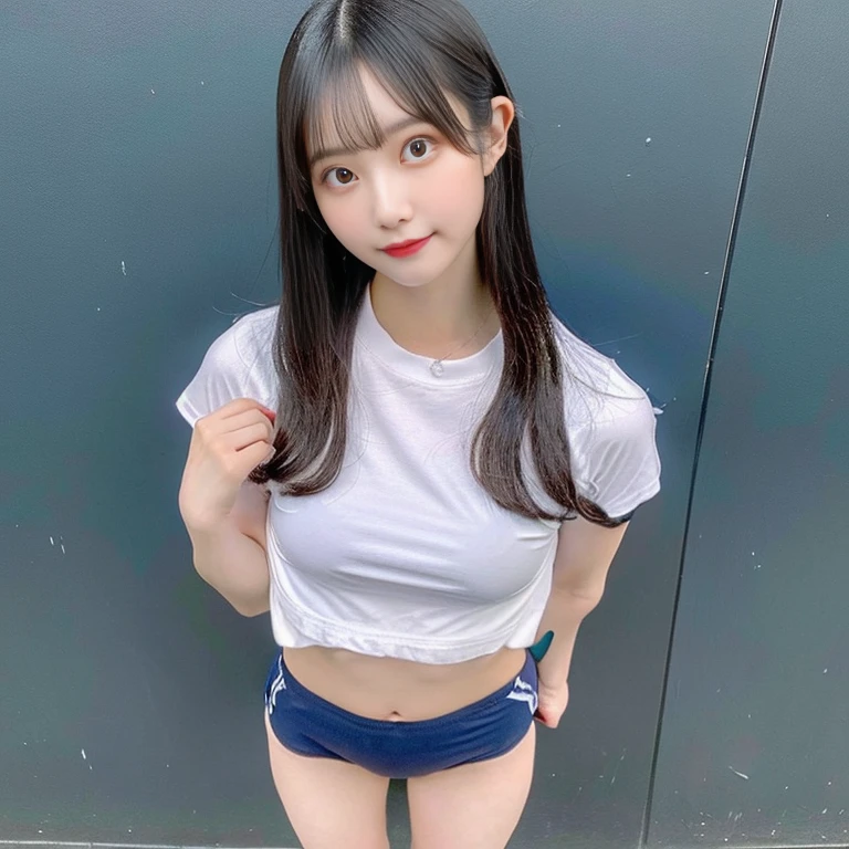 Very cute face、smile、12years old、girl、Fluffy long hair、Beautiful legs、Beautiful body、Thin legs、White skin、Black T-shirt、Black mini skirt