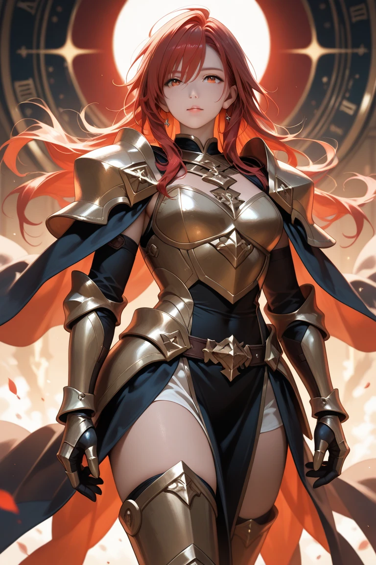 Gold Armor, 4K image, assembly, best quality, masterpiece, movie lighting ,Sexy,Large Breasts,Cleavage,action,In battle,Cleavage,anger,noble,light beam from hand,Golden lightning surrounds,Red hair,Ponytail hairstyle,Saint Seiya Leo Aiolia,Blink,Lipstick