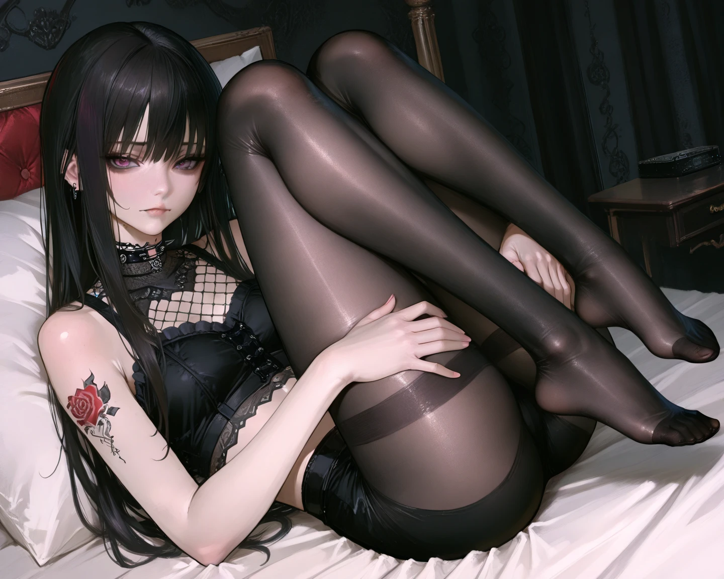 Long black hair, flat chest, one-piece swimsuit, pantyhose, bare feet