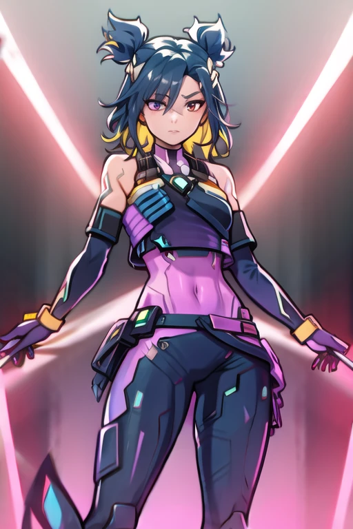 Beelzebub muscular woman with purple and blue mohawk punk hair down to below shoulders with fly wings with four arms, two at normal height and two below the ribs and with a glass belly full of blue and purple plasma.
