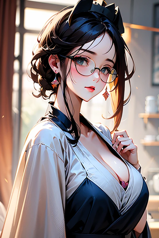 1 girl, glasses, big breasts, yukata, open the door for you, detailed face, beautiful eyes, long eyelashes, detailed lips, detailed skin, intricate details, elegant, beautiful lighting, cinematic, warm colors, soft focus, photorealistic, masterpiece, 8k, ultra-detailed, (best quality, 4k, 8k, highres, masterpiece:1.2), ultra-detailed, (realistic, photorealistic, photo-realistic:1.37)