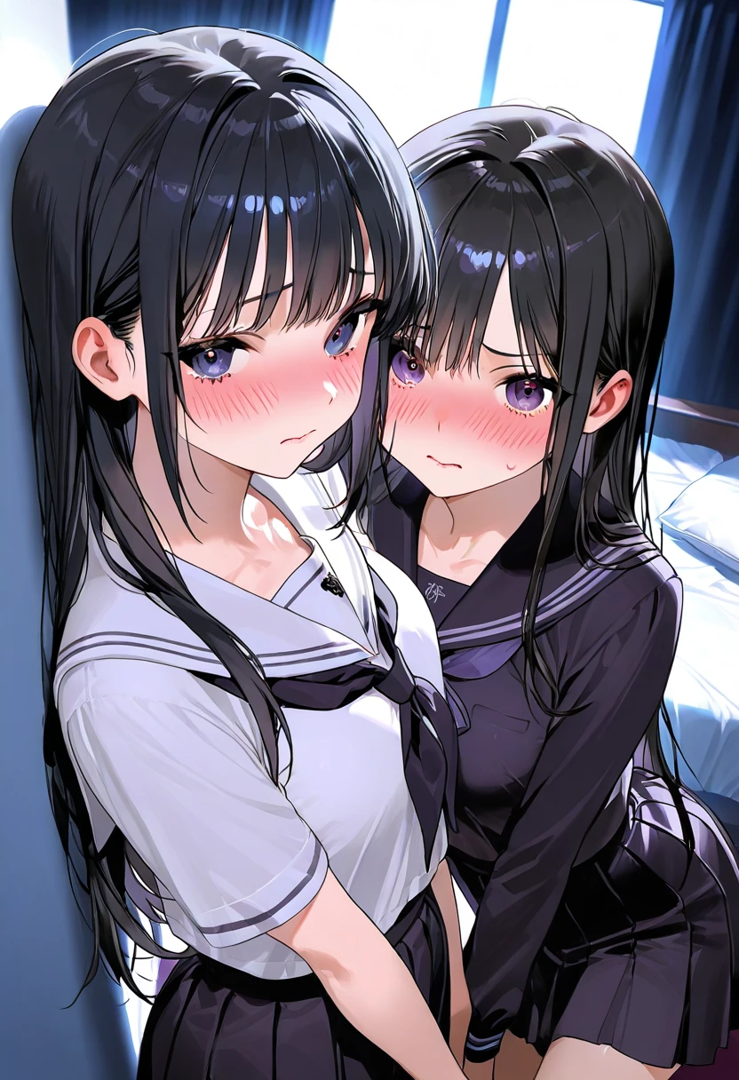 ponytail,Black Hair,Cat ear,Cyan eyes,Cat Tail,woman,anime,slender,suits, night dress ,blush, open clothes, drunkenness, twins, hug