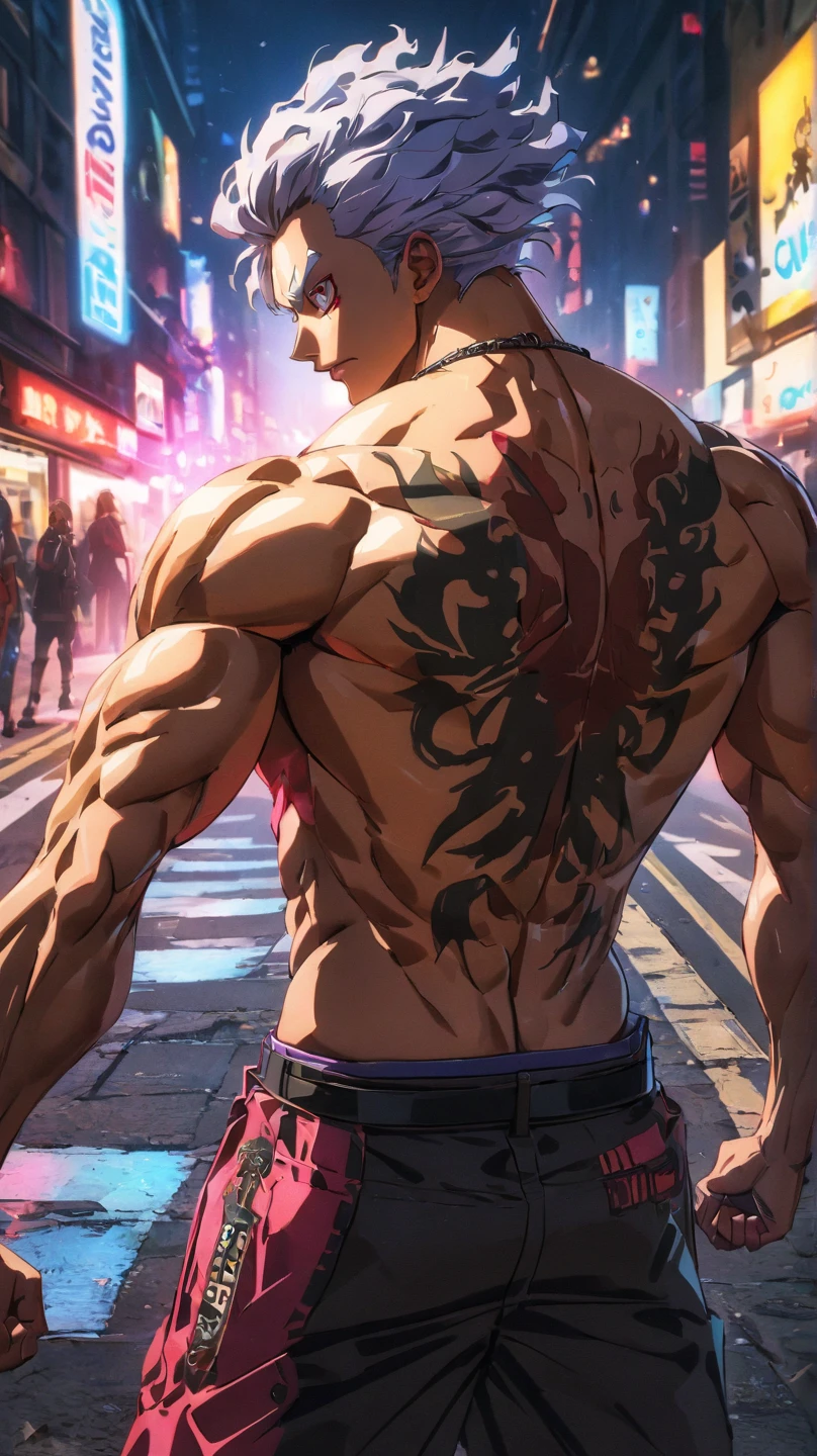 (Foot focus), 1man, short hair, toned, beard, baseball cap, barefoot, beautiful feet, shirtless, hairy body, open jeans, lamp post, masterpiece, best quality, high-res, ultra detailed, tokyo, night, candid pose, looking at the camera, front view,