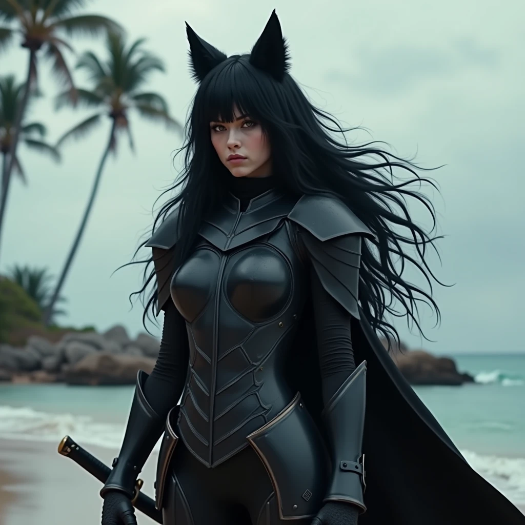 1girl, black hair, blue eyes, wearing full body armored suit, particles in background, absurdres, high res, ultrasharp, 8K, masterpiece, looking at viewer, cat girl ears same color as hair, mask, hands armored gloves, long cape, tmasterpiece， ultra fine photos， best qualtiy， realisticlying， rays of sunshine， full-body portraits, cleavage breasts, delicated face，Vibrant eyes，very highly detailed background, detailed background, opulent, high detail skin， Realistic details of skin，Visible pores，Clear focus，volume fog，8K UHD，digital SLR camera，high high quality，filmgrain，White skin of the，photorealistic
