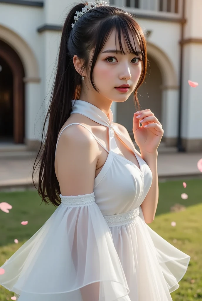 (logo、masterpiece、8K、Tabletop、RAW Photos、wonderful、最high quality、Photorealistic and very detailed CG composite 8k wallpaper、high quality、Very detailed、Narrative poem、Particle Effects、Dynamic Effects、Depth of the Boundary)What is written is、Cinematic Light、Lens flare、Ray Tracing)、Fantasy、(night、Night Sky、Starry Sky、full moon)、(A girl looking up at the sky)、sit、 cute、Japanese、(smile)、Long Black Hair、Strong winds、(Hair blowing in the wind)、(White Dress)、Natural light、moonlight、(Horizontal photography)、(Bust up shot)、(Low position)、(Low - Angle)