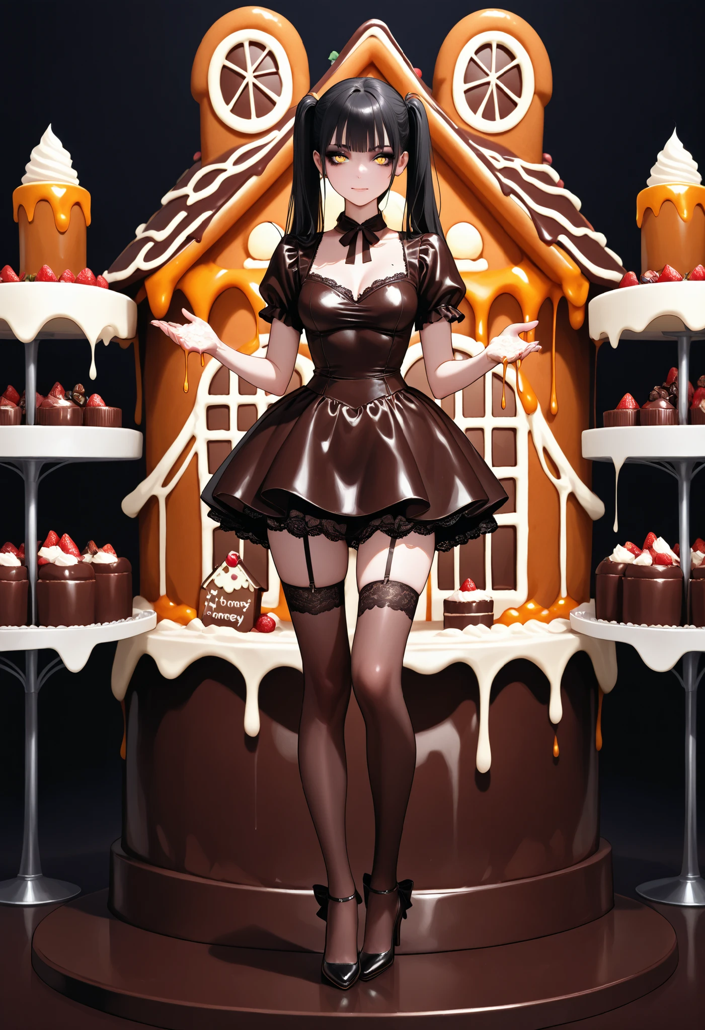 (Best quality (1.3)) (masterpiece (1.2)), high quality, (high resolution (1.2)) 
Anime style.
1 girl, yellow eyes, black long hair, two ponytails hairstyle,  slim figure, medium breast. 
Cake costume,cake dress, dress decorated strawberrys, melting honey on hands, (black makeup(1.3)), high heels, black chocolate lace stockings, giggling, sexy pose
Background inside gingerbread house