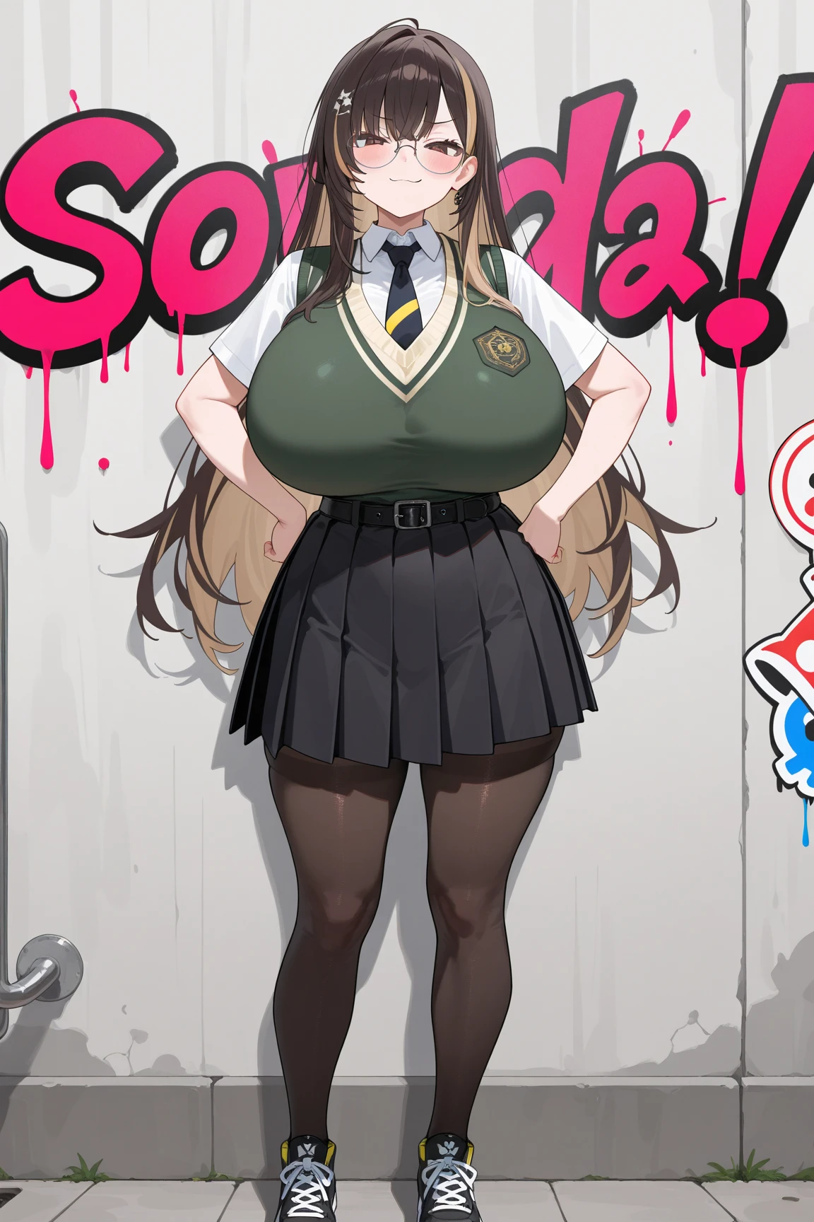 big lips, Brown hair, pink eyes, japanese face, improve, improve grin, two sides up, huge breasts, Wide hips, sexy, detailed, green room, Hits, (evil smile1.4), kawaii, pleated skirt, punk, GOOD, zombie costume, zombie shirt, zombie choker, zombie skirt, dezombie shirt,navel piercing