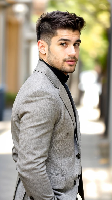 Ultra-realistic full-body portrait of a uniquely handsome fictional male fashion model in his mid-20s, standing confidently with a model-like posture, 6'1" athletic build, broad shoulders and a lean waist, with perfect proportions and runway-standard physique. He has a symmetrical diamond-shaped face with soft tan brown skin, light freckles across the nose bridge, visible skin pores for realism, and light stubble along the jawline. His almond-shaped, slightly upturned amber-brown eyes reflect soft natural light, framed by long lashes and thick, arched eyebrows. His nose is tall and straight, lips are full and naturally defined, and his overall facial balance reflects high-end editorial standards. Hair is short on the sides with a clean taper fade and medium-length waves on top, gently styled back in a relaxed fashion. He's wearing a charcoal black tailored blazer over a beige turtleneck shirt, slim-fit black trousers, and matte black Chelsea boots, accessorized with a silver chain necklace and a single silver ring. The background features modern glass and concrete architecture with soft depth-of-field blur. Lighting is cinematic and natural — golden hour sun from the side casts realistic soft shadows on the face and clothes. Photographed using an 85mm DSLR lens in 8K detail, this portrait has perfect realism, true human texture, and natural proportions. No fantasy elements, no artificial styling — just authentic, stylish realism ideal for personal brand avatars, Instagram, Facebook, Snap, video generation, or digital presence, and completely copyright-free.
