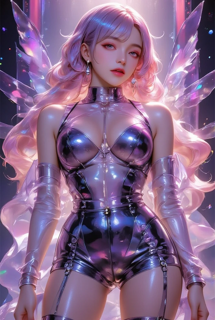 1girll,（Captivating quality：1.4），（True textured skins of the highest quality), Delicate face,Pink twin-tailed hair, Gradient Hair, （perfect bodies：1.1），Heart-shaped choker、long eyelasher,grin, hyperphotorealism, Cinematic lighting,NeonHypnoPMV, projected inset, surrealism, hyper HD, masutepiece，Dream On，sexy intricate transparent latex dance dress,Carmelto，tattooed，Fantasy space，Luxurious space, obedient, submissive, energetic, intense eyes