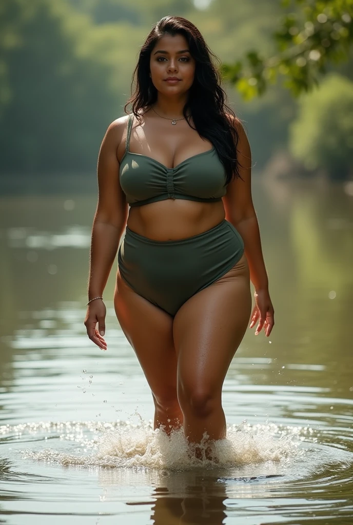 A plus size girl dressed as a Greek warrior walking in the woods 