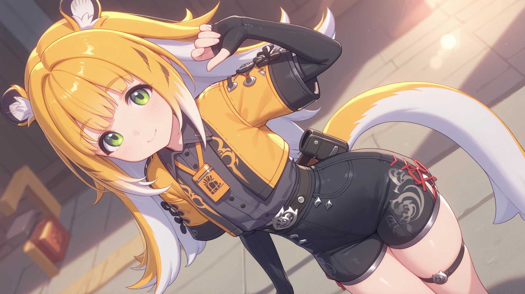 shiny skin, Posing,

JuFuFu,
Shine, Shine, sun beam,  
 high angle, looks at the viewer, 
sweet smile, shy,