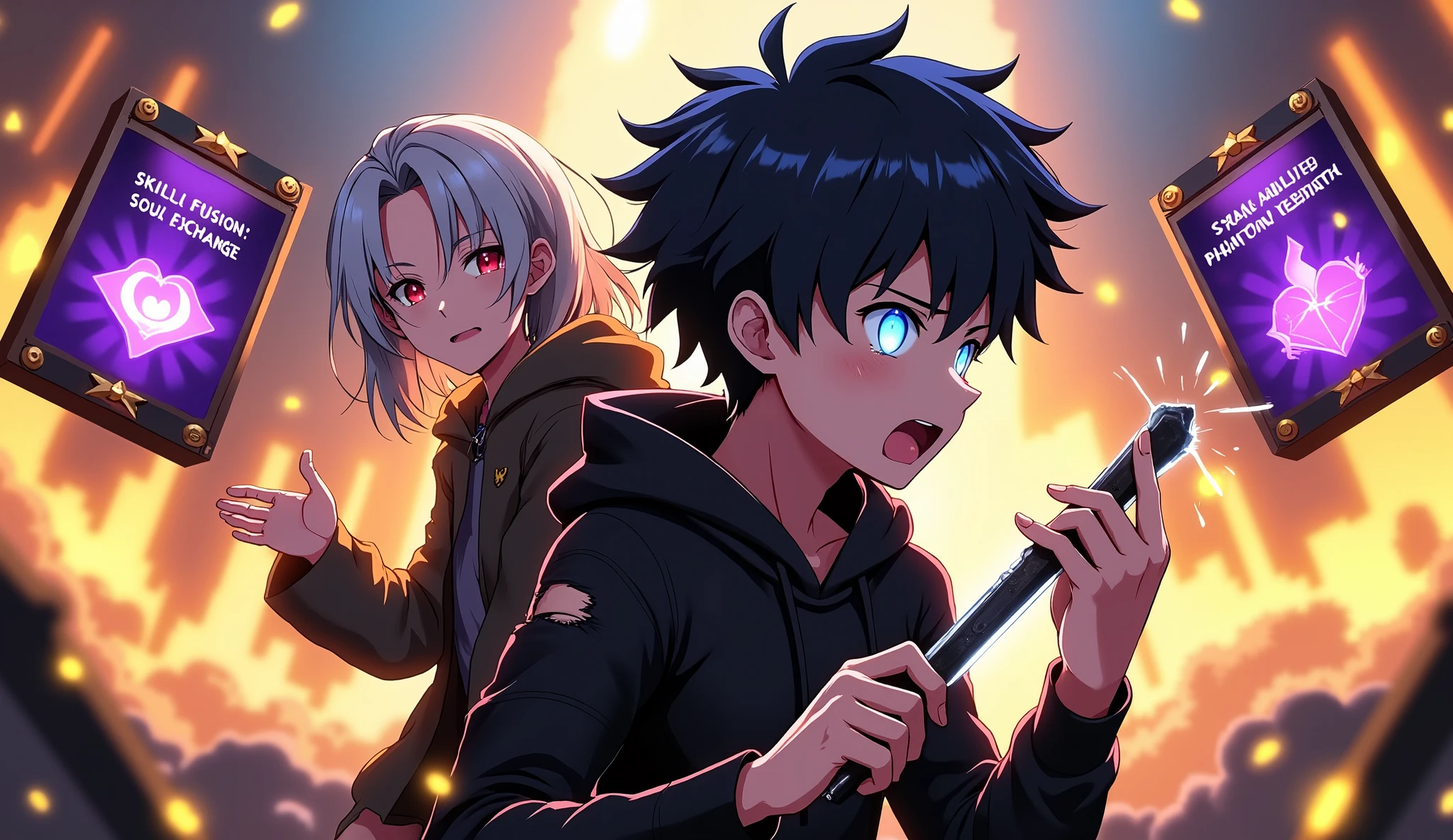 An anime-style cinematic scene capturing the exact moment when a young dark-haired man in a torn black hoodie, eyes glowing bright blue, unlocks a long-forbidden power. His face is frozen in shock and awe as he holds a shattered relic — a broken dagger that's suddenly reconstructing itself mid-air, surrounded by blinding light. Behind him, a mysterious silver-haired girl with teary eyes reaches out, her hands glowing with unstable magic — as if she just sacrificed something to save him. The background is a warped, glowing battlefield suspended in time, with floating purple and gold system windows showing "Skill Fusion: Soul Exchange" and "S-Rank Ability Acquired: Phantom Rebirth." Yellow energy particles explode around them. One card shows a dragon's eye, another a chained heart. Arrows connect them, pulsing with red light — revealing that his new power came at the cost of her soul. The scene radiates emotion: disbelief, power, and the weight of irreversible change.
