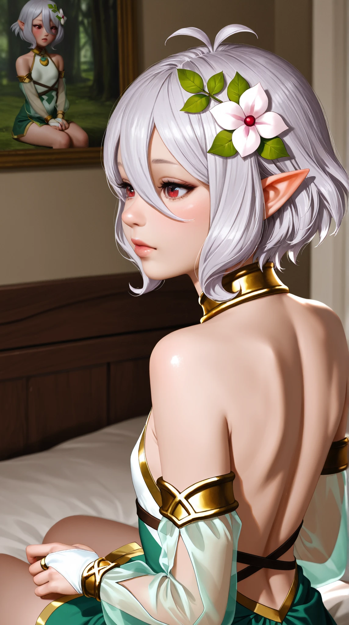 (masterpiece, highest quality, Super detailed, High resolution, figure:0.8), Highly detailed wallpaper, Official Art, wonderful, High detail, Super detailed, Highly detailed 8k wallpaper,Closed whole body, (((Burstingly Big Breasts)))、Bright silver hair, Red eyes with elongated pupils, (outer space with shining stars: 1.3), (One girl, alone),(Gorgeous bright red dress),sexy,Perfect Anatomy,Beautiful Face, Provocative,