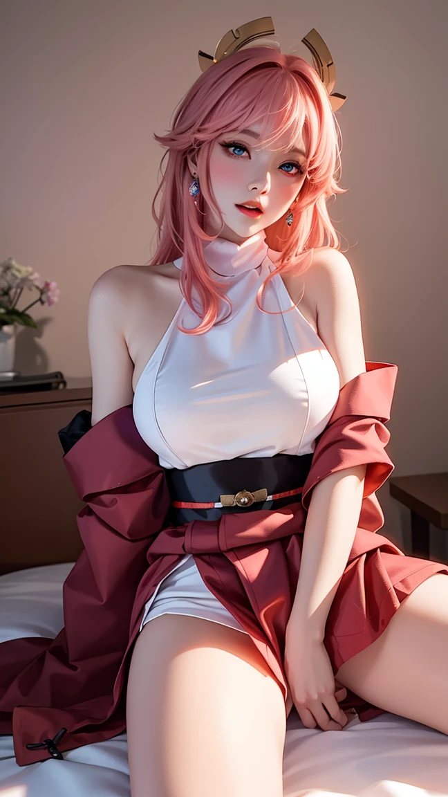 best quality, tmasterpiece,Ultra-high resolution,Clear face,(Reality:1.4),ferpect lighting,(upper body shot), (photorealistic:1.50), anime wallpaper, Guviz style artwork, cover-up fantasy up to magic , by Yang J, Guviz, beautiful artwork illustration, beautiful digital artwork, beautiful digital illustration, Li Song, beautiful anime portrait, art style in Beauvot, yae miko \(genshin impact\), 1girl, solo, pink hair, long hair, Earring, hair ornament, Swimsuit,