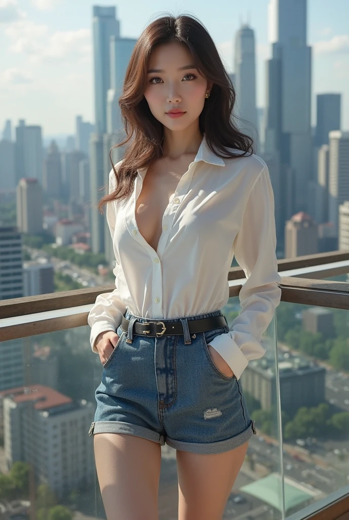 ((midynight, Need, 8K, tmasterpiece:1.3)), full bodyesbian, Long legs, Focalors:1.2, Slim figure beauty:1.4, Slim abs:1.1, ((Dark brown hair, huge tit:1.2 )), (Cream white fashion button down shirt, Stylish horseshoe jeans, standing on your feet:1.2), ((city night scene, the roof:1.3)), Highly detailed facial and skin texture, A detailed eye, 二重まぶた,Fair and well-proportioned legs,Wear sandals,Reveals tender white toes,fully body photo