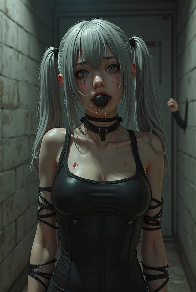 beuaty girl, The background is blurred out, (Zombies attach and attack: 1.2)), ((tmasterpiece)), ((k hd)), ((Best quality at best)), the detail, (NSFW, scream), ((Hands are tied, handcuff, The wrists are restrained, raise both arms, watery big eyes, brunette color hair, collars,)), G string, front tie bra, (Torn clothes)), Large breasts, statues, handcuff, collars, chain, embarressed, fearsome, Chest focus, Perspectives, 电影灯光, perfect shadow, ((废墟, Sacrificial woman surrounded by zombies)))), Realistic lighting tones