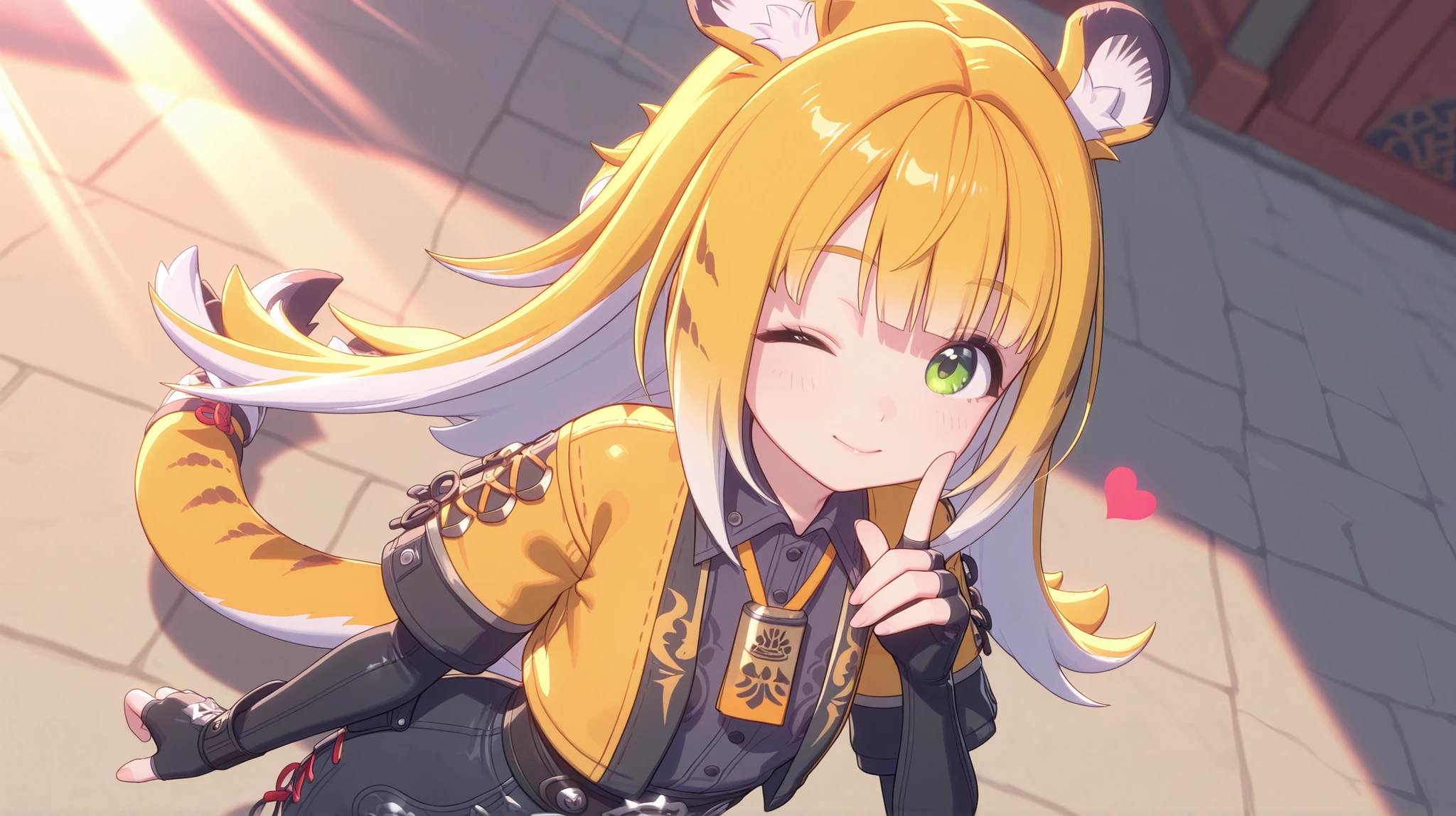 shiny skin, Posing,
JuFuFu,
Shine, Shine, sun beam,
high angle, looks at the viewer,
one eye closed, heart finger ,