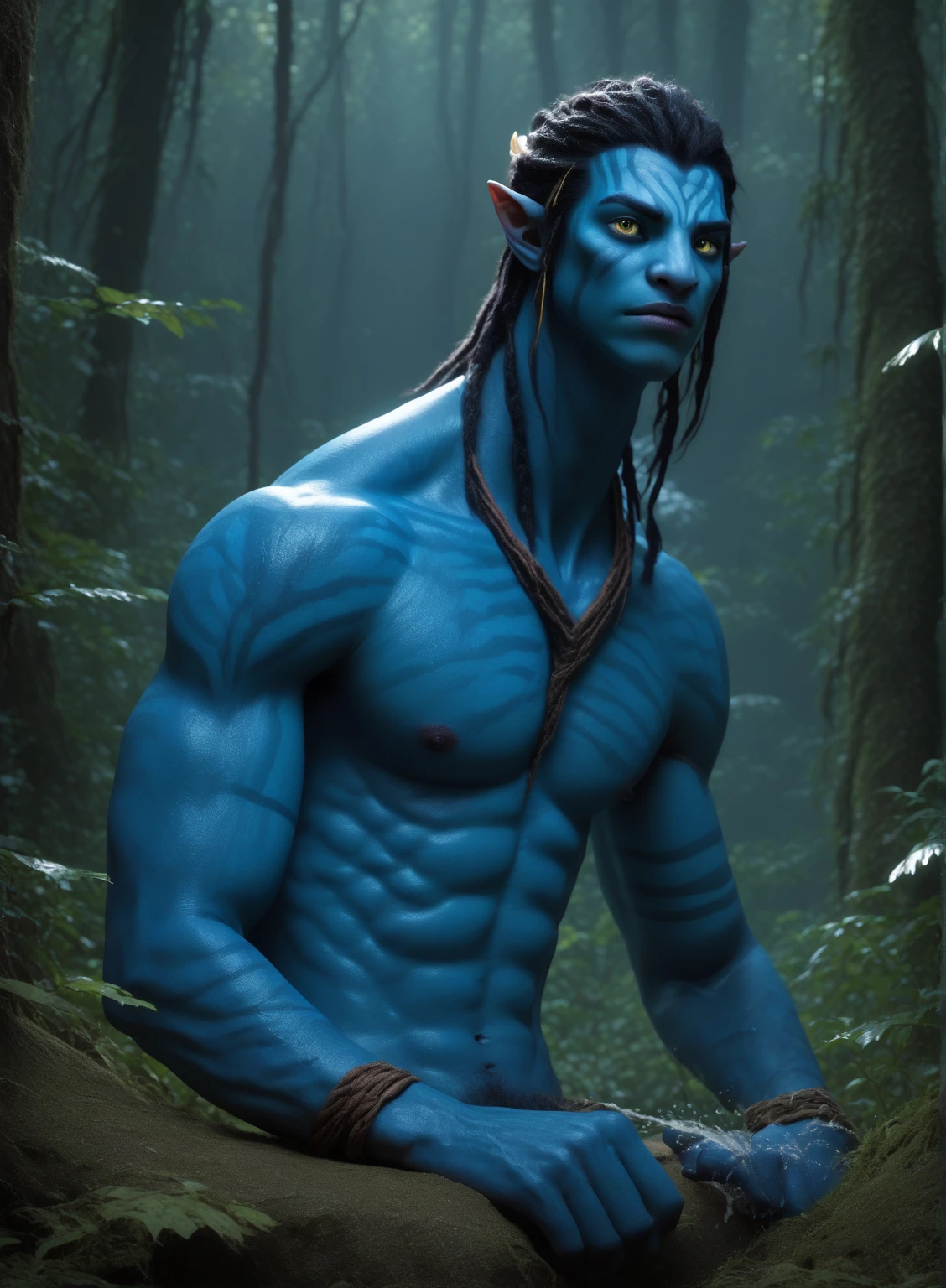 (tmasterpiece, hight resolution), avatar, A young man in war paint, water, IMAX, chromatic aberration, Depth of field, ocean, water fall, blue skin, gown, science-fiction, Detailed, Realistic, 电影灯光, AOA, Na&#39;vi