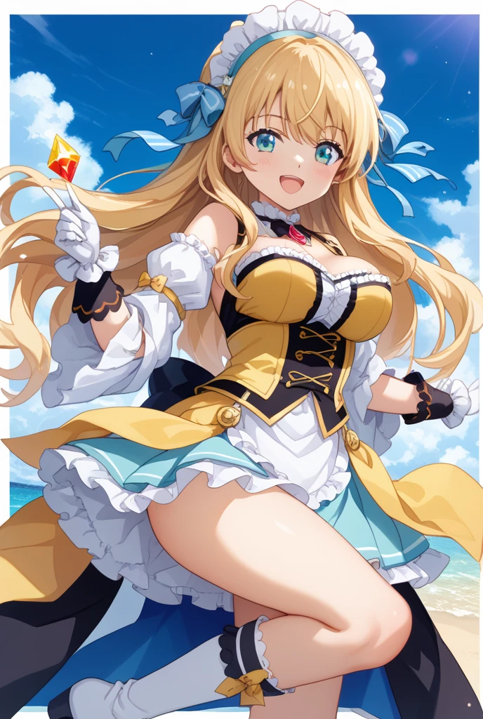 Image haute définition d'une jeune femme ultra sexy, une beauté indescriptible moitié humain moitié pokemon, corp sensuelle, proportion haut et bas de corps parfait, regard attractive, plume multicolores qui bouge avec le vent sous un soleil et sous ciel bleu splendide dans une tenue tres peu couvert