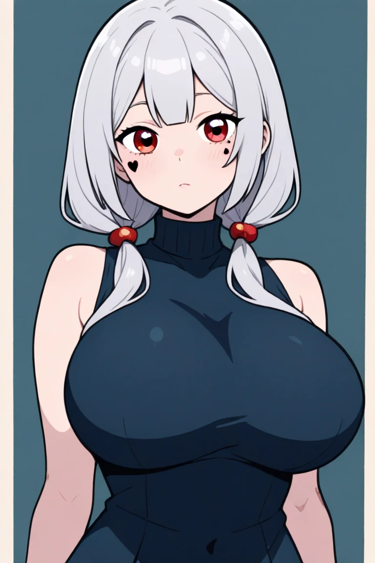 (best-quality:0.8), (best-quality:0.8), 1girl, grey hair, red eyes, big boobs, sexy dress, cleavage visible, plain color background, looking at me