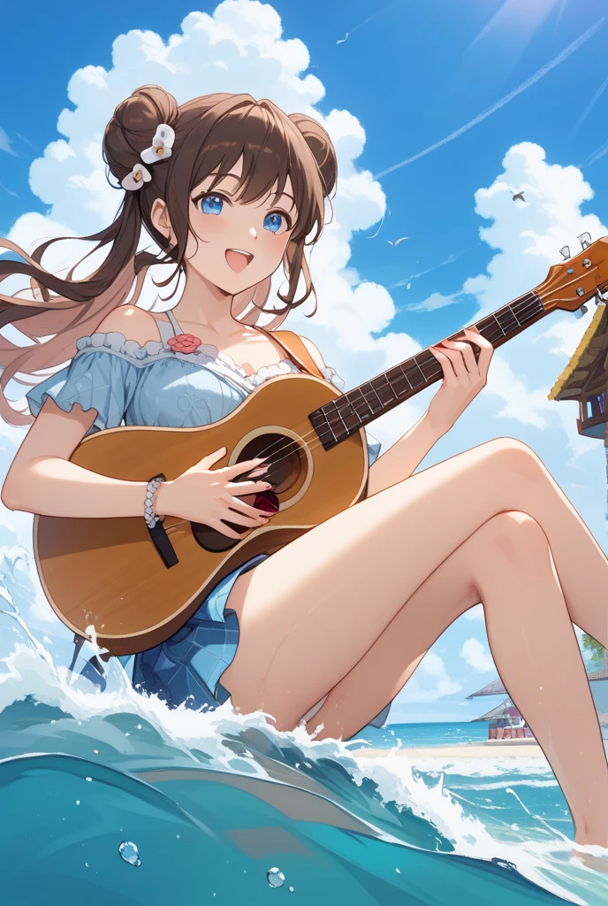 ((masterpiece)), ((best quality)), ((High resolution)), ((Fine details)),1 Girl, Holding a huge guitar, Small Breasts, swimsuit, Practical, beach, wet, ocean, Umbilical cord, Sky, clavicle
