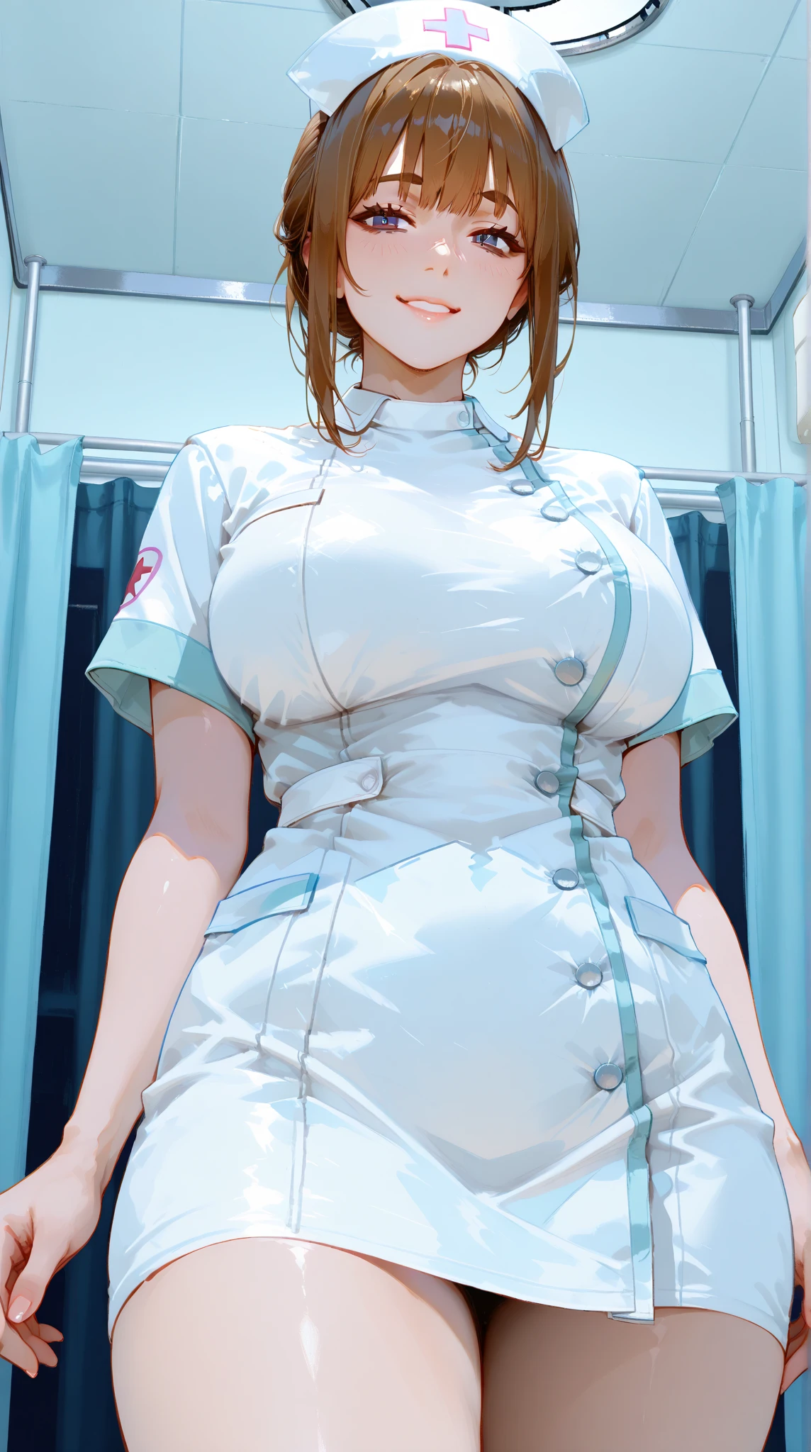 1girl, solo,black  nurse, black nurse cap, black wear, ((black legwear, zettai ryouiki)), black gloves, very short hair, orange hair, smile, open mouth, standing, ((hospital room)), sharp outline, short sleeves, tomboy, boyish, best quality,Breast milk