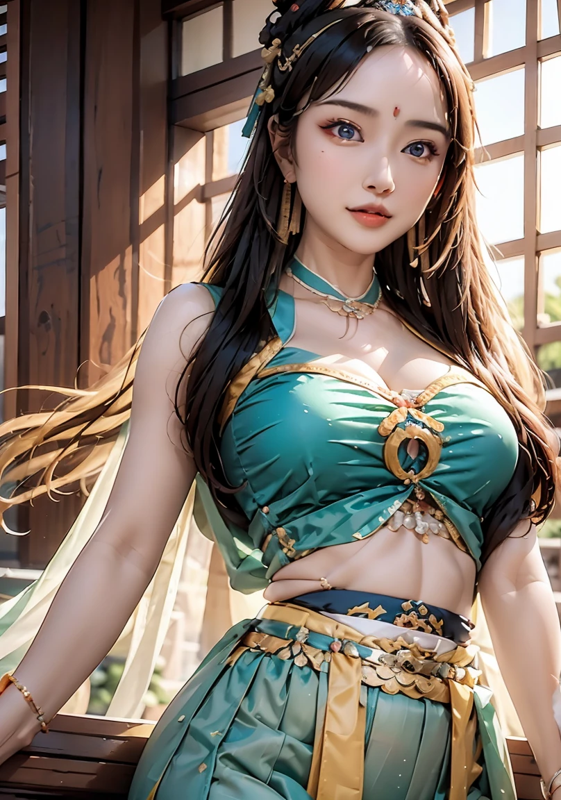 1girl, sitting on floor, see-through choli, detailed face, looking at viewer, intricate ornate indian pattern trimming, windswept, floating hair, balcony trailing, ear spike earring, Good quality, cap, huge breasts, (9yo, cute:1.4), 