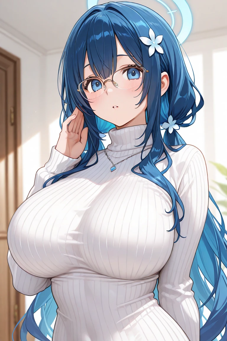 Virtual Youtuber,Vtuber,Green eyes,Grey Hair,Glasses,(Sensitive smile:1.2),,Officelady,Secretary,Red-framed eyewear,Bangs,(Large breasts:oking at Viewer,((masutepiece)),((Best Quality)),Perfect Anatomy,8K UHD,extra detailed face,gloss and shiny,((1girl in)),((Solo)),(Beautiful detailed eyes:1.5),image perfect,arms behind back,Slim waist,Shiny hair,Office room,
