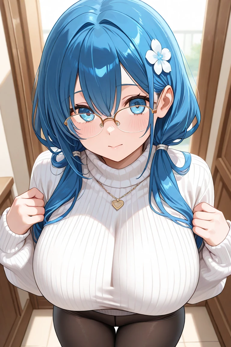 masterpiece, best quality, ultra-detailed, illustration, colorful, flat color, depth of field, lens flare, 1girl, (emo girl), (dyed light blue hair), brown eyes, medium hair, anime, (closeup), detailed skin texture, beautiful detailed face, (red and black lace corset), cleavage, seductive smile, alluring attire, collarbone, (saggy breasts), (huge breasts:1.3), glasses, (curvy), fat, indoors, at night