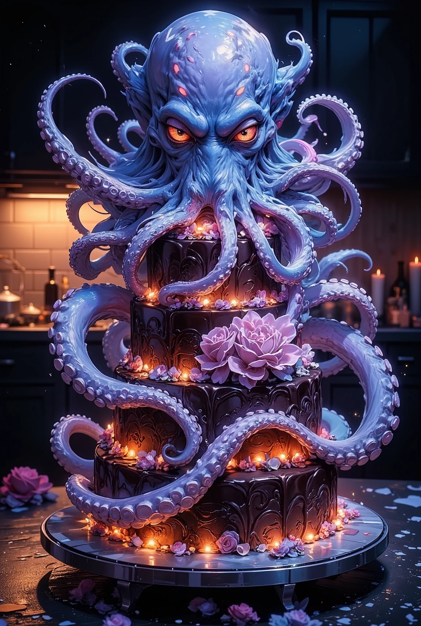 A surreal transformation scene: a festive multi-tiered cake with cream roses and chocolate icing turns into a glowing octopus. The lower layers melt, turning into translucent mother-of-pearl tentacles, and the upper tier forms the head of a cephalopod with luminous eyes. In the background is a dimly lit kitchen with scattered ingredients. The warm candlelight contrasts with the bioluminescent blue-violet magic. High detail, magical realism style inspired by Tim Burton and Studio Ghibli, 4K, spectacular lighting.