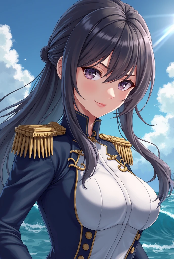 (masterpiece, best quality, RAW photo, intricate details) portrait, closeup, headshot, 1girl / Atago / medium dark hair, amber eyes, cat ears, huge breasts:1.6, ((wearing white admirals uniform)), bokeh, harbour background, blue sky, Azur lane, admiralty, service medals:1.8, epaulettes