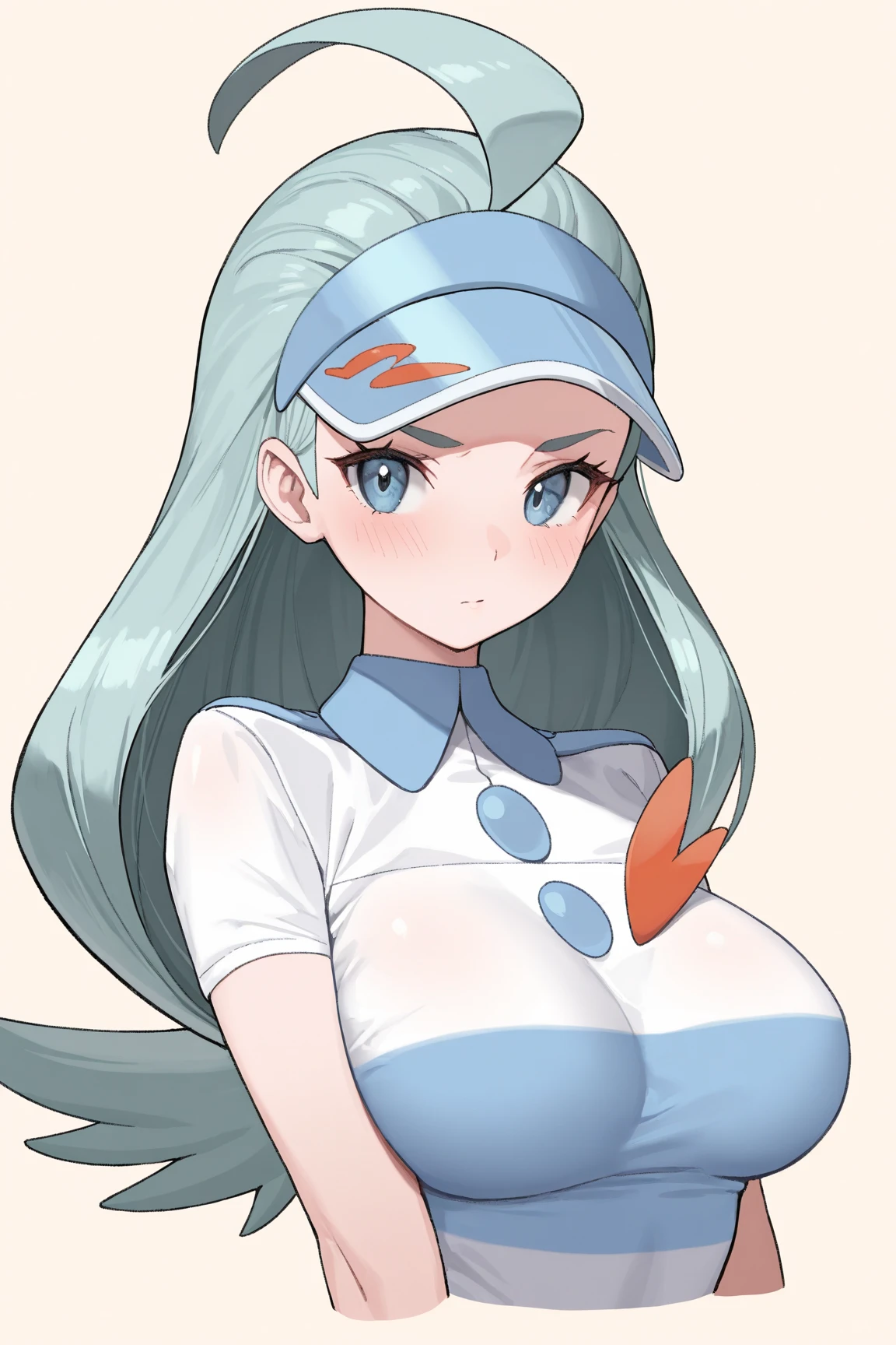 Pokémon、hotel owner、Golf Tournaments、golfer、Golf club、Kahili、flying type trainer、big tits milf、big tits milf、big tits milf、Clothes: light blue golf wear。ドデカバシの嘴と同じ模様のグリップのGolf clubを常に持っている。Her hairstyle is long light blue hair with a large curve at the ends.。Hair on the right goes to the left、The hair on the left side is bouncing to the right side.、Looks like a feather from the front。Crying mask visor cap below left eye、collared shirt、agile、A pole made of bird feathers symbolizing the royalty of the Hawaiian period.、No sleeve、skirt、Tennis Court
