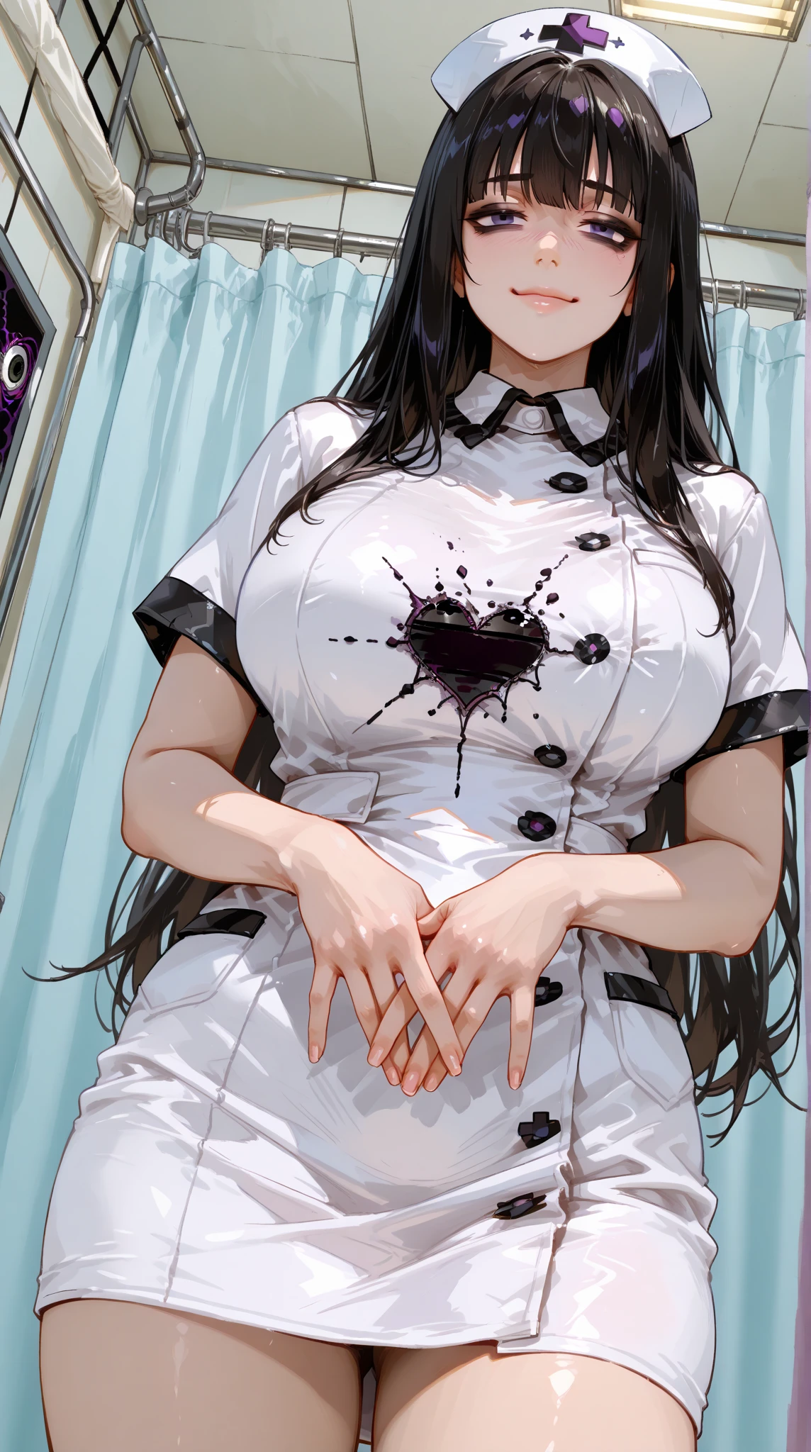 high quality, masterpiece, Super detailed, 1 girl,  detailed face，white nurse uniform，Nurse gloves，nurse cap，BDSM,handcuffs，collar，calm expression,bright red lips，Smile，handcuffs，collar，long black hair, charming pink eyes, fox ears, Ridiculously big, shiny skin, Detailed legs，sitting on hospital bed，hospital background，hospital ward