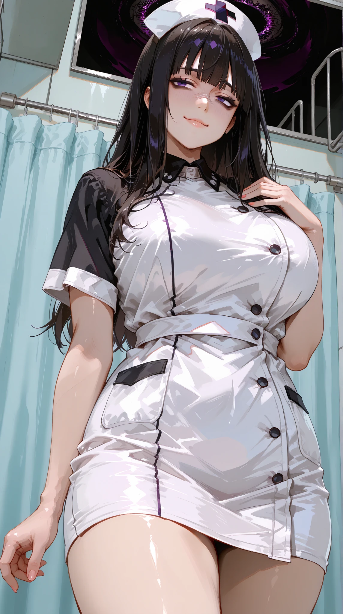 Yorub layer, Your thorn, Black Hair, (Red Eyes:1.5), earrings, Kaneko , Long hair, (Medium breasts:1.2),happy Smile, Smile,  ,透明和pink乳胶, High Leg Raise, cleveage, kneel, pink, Nurse cap, Nurse, （（Awkward, blush, charming, Close your eyes, open mouth，Tongue，with tears in eyes, Saliva residue,The hem of the skirt is wet, Brushed,）Large Breasts、Low-cut，Cleavage, Wide hips,）The Last Vision, Ultra-high resolution,4K,Super detailed, photography, 8k, HDR, high resolution, absurd:1.2, Kodak Portrait 400, Film Grain, Blurred background, Bokeh:1.2, lens flare, (Energetic_color:1.2),专业photography师
rest indoors,Hospital,
rest looking at viewer, (Cowboy shooting:1.5),
rest (masterpiece:1.2), best quality, high resolution, Unity 8K wallpaper, (number:0.8), (Delicate and beautiful eyes:1.6), The face is rich in detail, Perfect lighting, Very detailed CG, (Perfect hands, Perfect anatomical structure),