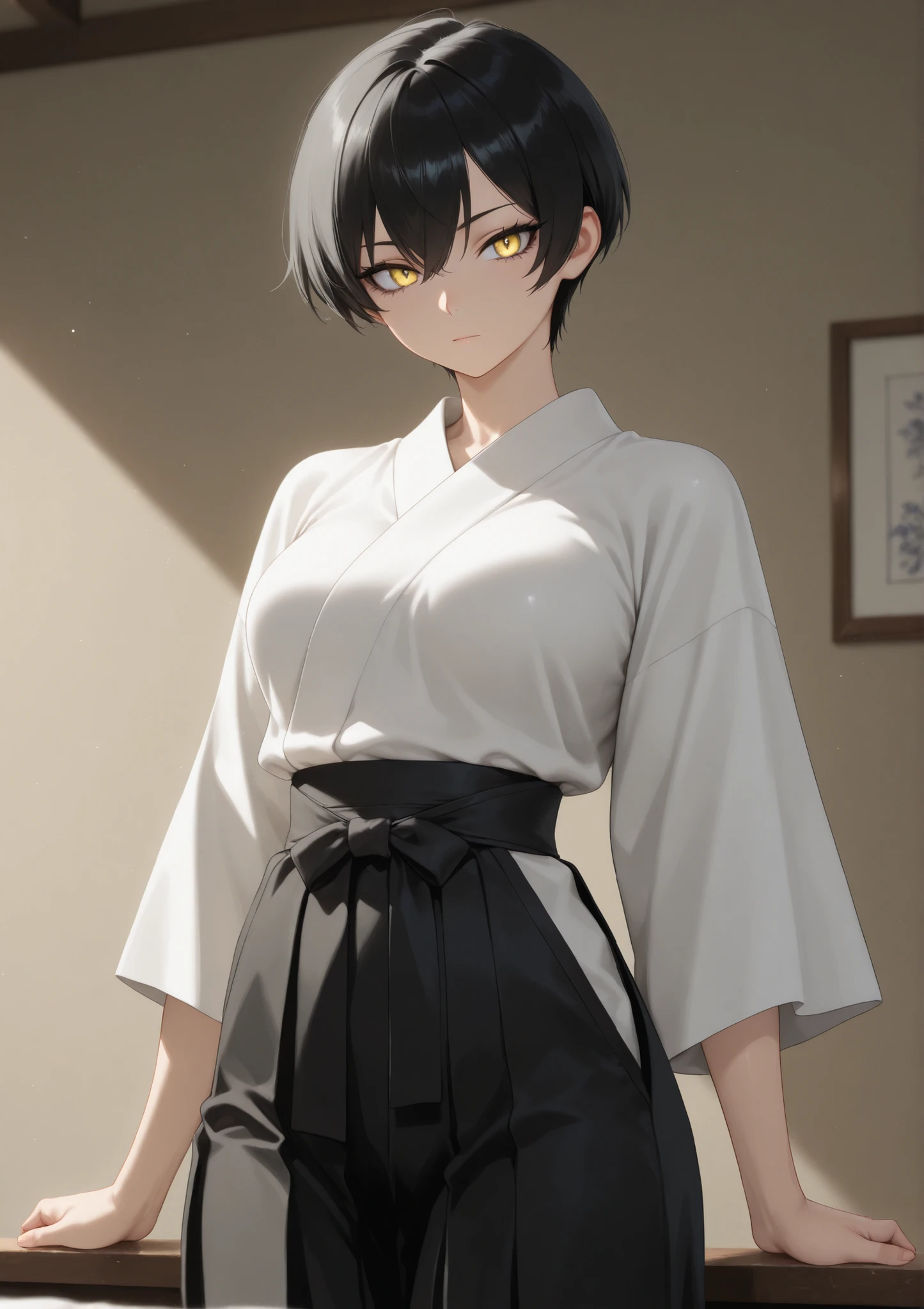 masterpiece, newest, Best Resolution, HD Quality, good lighting, safe. beautiful, anime, good anatomy, Japanese woman, . Very short black hair. Golden-yellow eyes, dark eyelashes, piel clara, slim build, Medium Breasts Size D, slightly muscular. She is 24 years old, measures 1'75 cm. tomboy, looking at the spectator, Alone, simple background. Wearing white kimono and black Hakama.