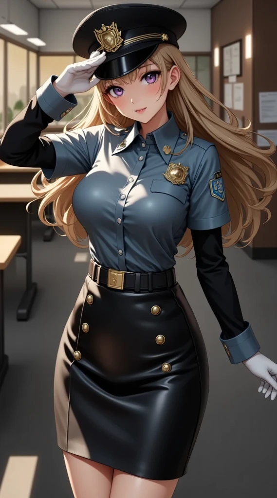 NSFW {{masterpiece}}, {{{Highest quality}}},{{Very detailed}},｛{{from below}}｝、｛{{View from below}}｝、｛{{Low - Angle}}｝、Leg spread、Spread your legs,{{Blonde female police officer sitting on a chair}}Pencil skirt with slits,belt　Black leggings,Black tights,Small breasts　Black underwear、Black panties,Thin legs　Black long sleeve police uniform,Sitting in a chair in an office with a serious expression,Focus on legs｛{{Sitting in a chair in an office with a serious expression成熟した女性}}｝,{{疲労でSweatをかいている成人女性}},Sweat,Hold the arm with one hand　,sit,{{Blushing}},{{V-shaped eyebrows}}},{{{}},{椅子にsit}},{},, ,{{}},,,{{}},{{}},,Slender body}}{{Female police officer}},,blush,Wrinkles ,amount,Grit your teeth,suffering,v-shaped eyebrows.,Sweat dripping ,get annoyed,,Inside the office,