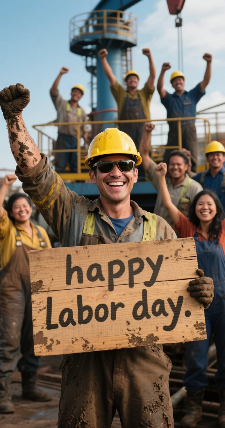 A mud-splattered oil worker, wearing a yellow hard hat and sunglasses, smiles broadly while holding a wooden sign reading "happy labor day." His arms are raised in celebration, surrounded by fellow workers on an industrial platform. The image conveys a sense of camaraderie and celebrates the contributions of blue-collar workers.group of workers, men, women, with different ethnicities holding up wooden signs saying "happy labor day" --chaos 50 --ar 3:4 --style raw --stylize 250 --v 6.1