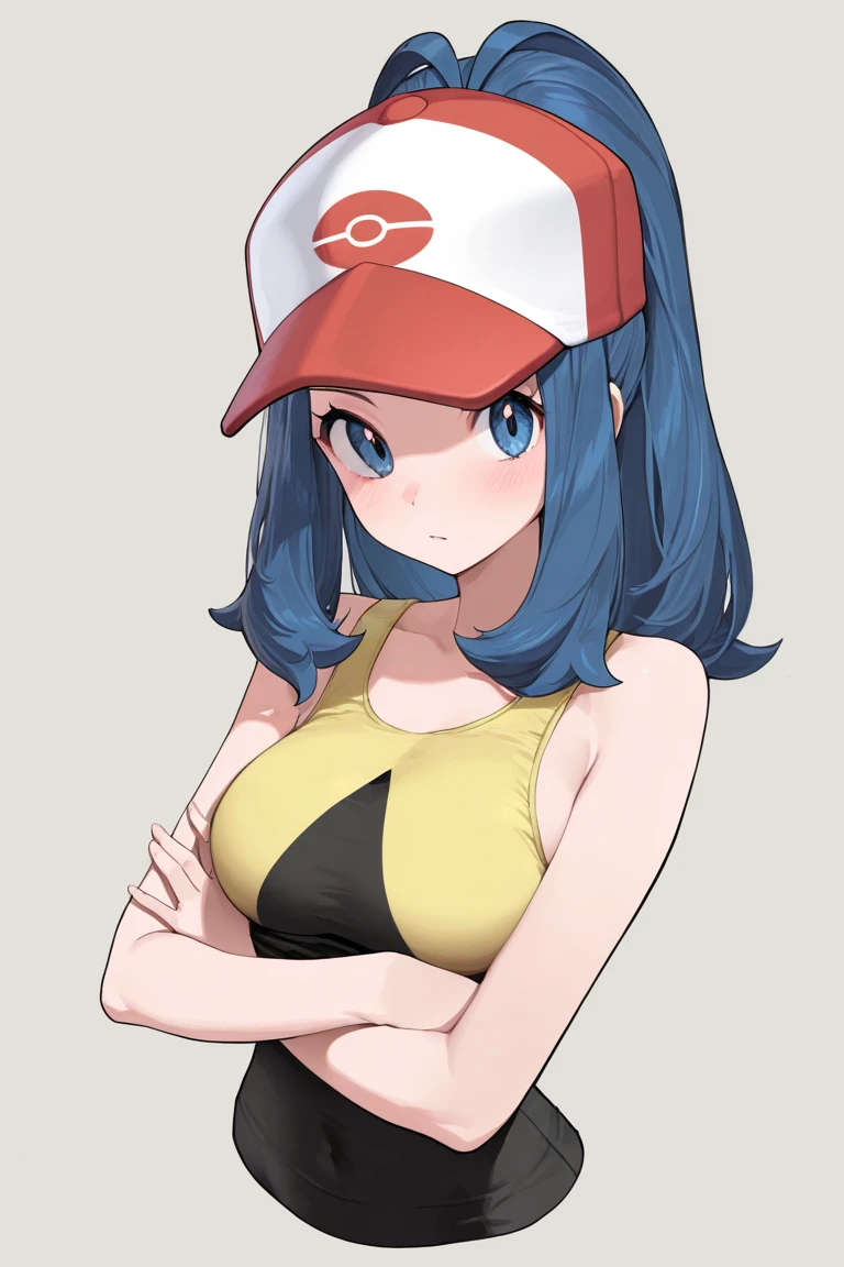 (masterpiece, best quality:1.2), 1girl, solo, sabrina, pokemon, flipped hair, aqua hair, red eyes, red tank top, spaghetti strap, midriff, crop top, white pants, bare shoulders, large breasts, telekinesis, camisole, floating objects, pokeballs, simple background <lora:SABRINA-15:0.9> <lora:kenSugimori1990sClassic_v12:0.8>