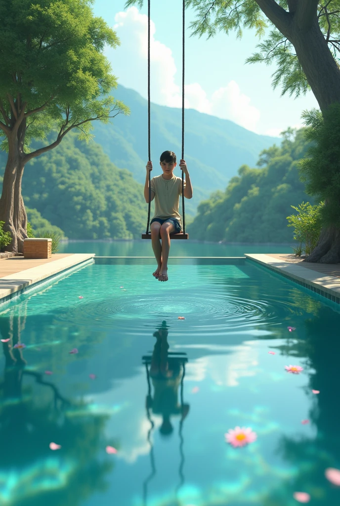 Swigging Pool I am swinging in pool wale beatiful back ground - SeaArt AI