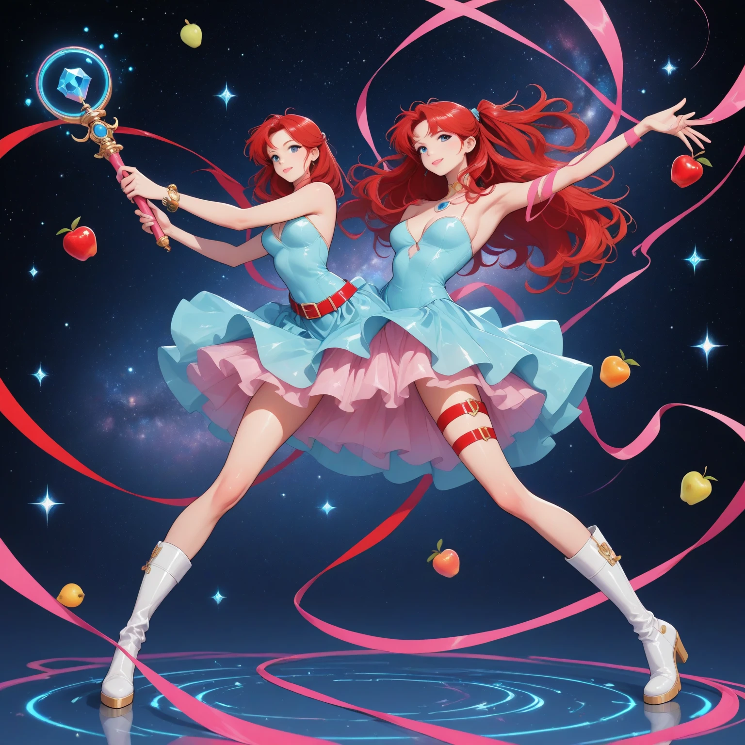 2 girls, orange hair, red dress, pop cute vibe, purple hair, blue dress, sexy cute vibe