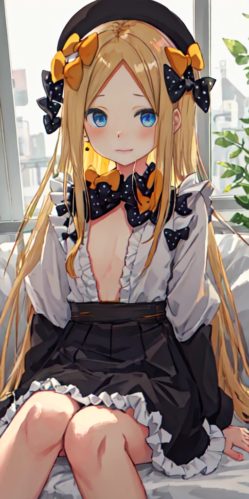 nsfw,((One man and one woman,Having sex)),Riding on top of a naked man,Showing off her nipples,masterpiece, best quality, highres, hmaw1, long hair, hat, black dress, long sleeve, black sleeves, white bloomers, cowboy shot, Simple Background