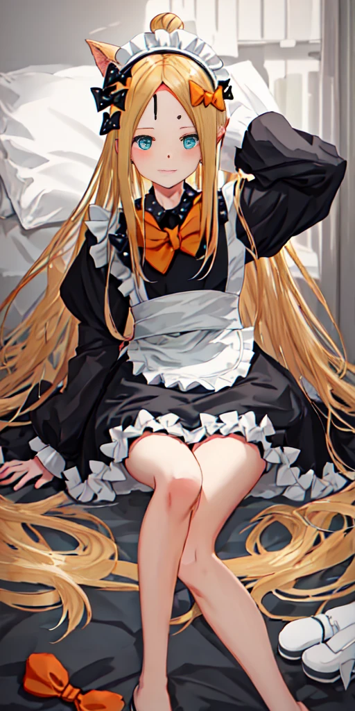 Beautiful long blonde Girl in black maid outfit Long sleeve Shyness Sleeping on the bed Put your hands up