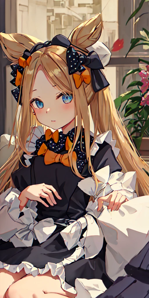 Beautiful long blonde hair　Girl in black maid outfit　Long sleeve　Embarrassing　Tears overflow from my eyes　　Garden at Night　dogeza