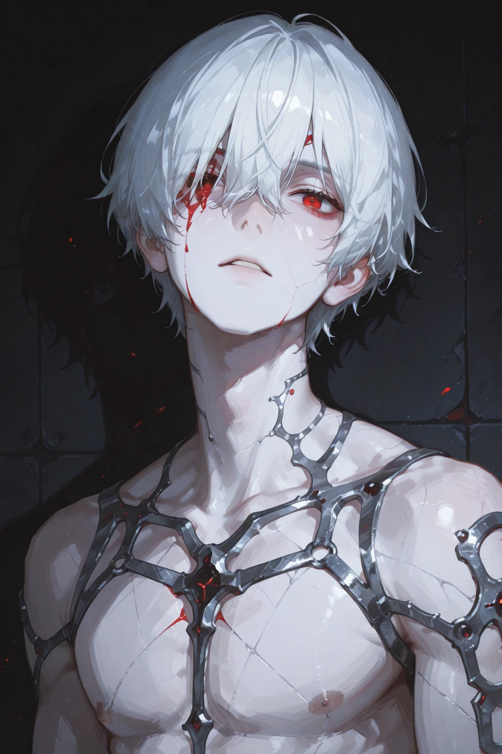 Young boy, short white hair, cat ears, cat tail, purple eyes, claws, lot of scars on body, burns on body, skinny, claws, open torso, bandages on body, black pants, Masterpiece, best quality, Full HD, 8k, ultra details, great graphic, Masterpiece, best quality, Full HD, 8k, ultra details, great graphic