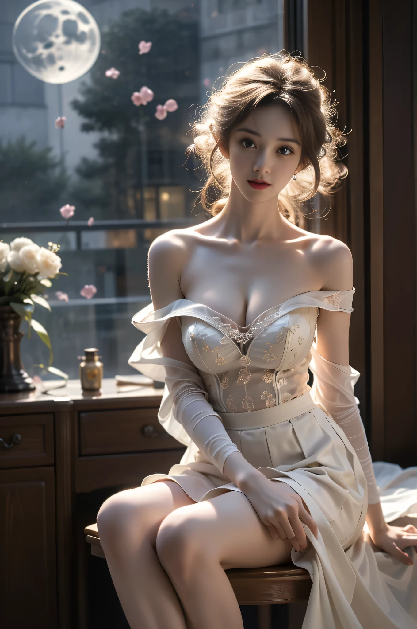 Sitting posture （Quality Improvement：1.4），1 Girl, Full breasts，Visible cleavage，Sexy long legs，The skirt is very short，She gently lifted her skirt with one hand,Surrounded by white Phalaenopsis orchids，Lilac dendrobium、White Lily, Flying petals，（Top quality leather), Delicate face,Black Hair, Gradient hair, Body,（Body1.1）, He has a precious gem on his forehead.., outstanding student，Long eyelashes,Smile, Surrealism, Movie Lighting, Projection Insert, Surrealism, Ultra HD, masterpiece，lie，Keep dreaming，Open your legs slightly.，Tattoo，Fantasy Space，Luxurious space，Exquisite makeup，blush，Shy expression