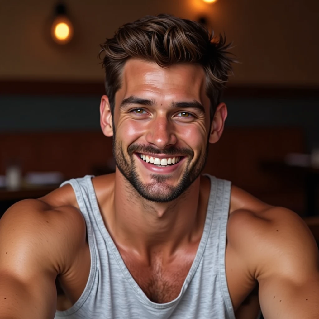 A handsome young man about 22 years old, sorridente, dentes bonitos, barba bem cuidada, cabelo curto, olhar sorridente; He has strong arms, peitoral musculoso, coxas grossas, pele suave realista; You are wearing a gray cotton lead t-shirt; you are in a bistro sitting in a corner against a wall;  front angle. Environment of a bistro with shades of blue and wooden tables with hanging lamps. realistic image quality, ultrarrealista, cinematographic image quality.  Realistic textured skin 