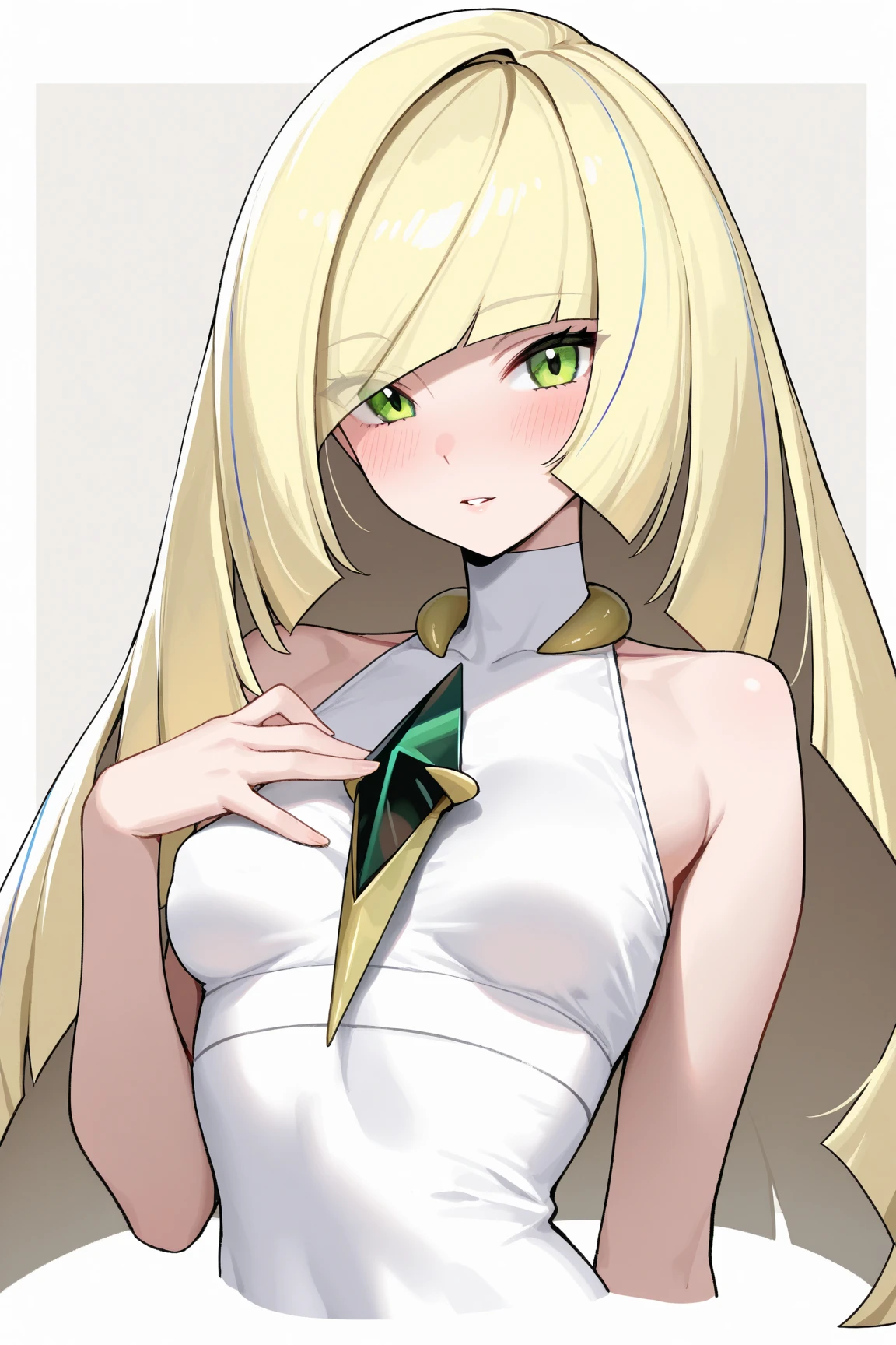 pokemonlusamine, <lora:pokemonlusamine-lora-nochekaiser:1>,
pokemonlusamine, blonde hair, (green eyes:1.5), hair over one eye, long hair, multicolored hair, streaked hair, very long hair, <lora:sensualface_type2:1>, smile,
BREAK bare arms, diamond (shape), dress, gem, green gemstone, leggings, short dress, sleeveless, sleeveless dress, white dress, white leggings,
BREAK looking at viewer, upper body, full body,
BREAK indoors,
BREAK <lyco:GoodHands-beta2:1>, (masterpiece:1.2), best quality, high resolution, unity 8k wallpaper, (illustration:0.8), (beautiful detailed eyes:1.6), extremely detailed face, perfect lighting, extremely detailed CG, (perfect hands, perfect anatomy),