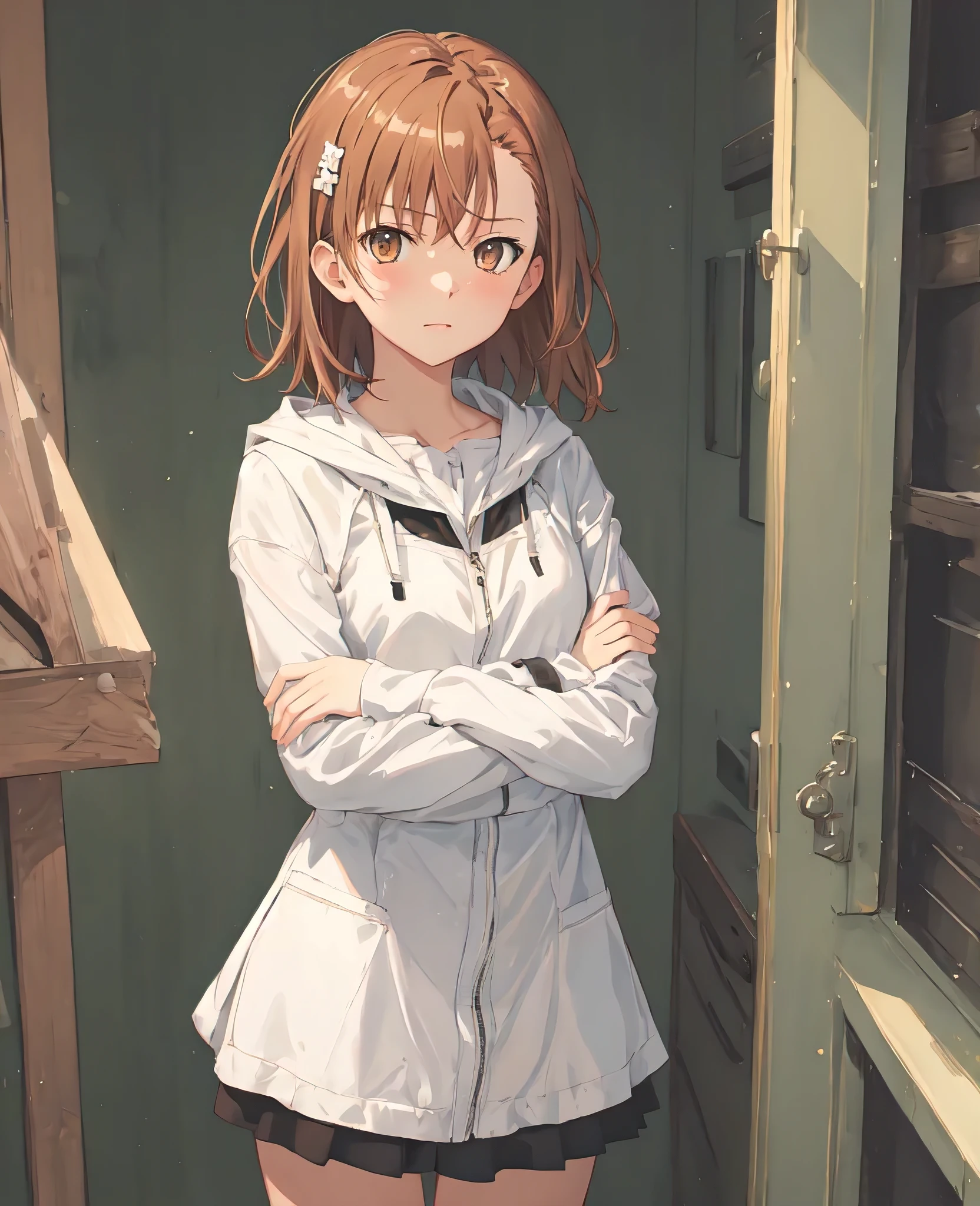 (safe:1.10), best quality, em (typography),masterpiece, highres, solo, (misaka_mikoto_bluearchive:1.10), crossed arms, cowboy shot, looking at viewer, 41